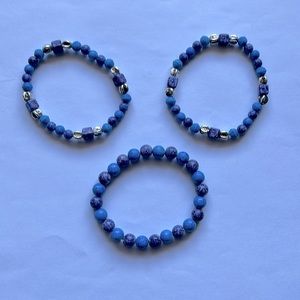 set of 3 purple, blue & silver beaded stretch bracelets